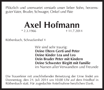 Traueranzeige von Axel Hofmann von Pegnitz-Zeitung